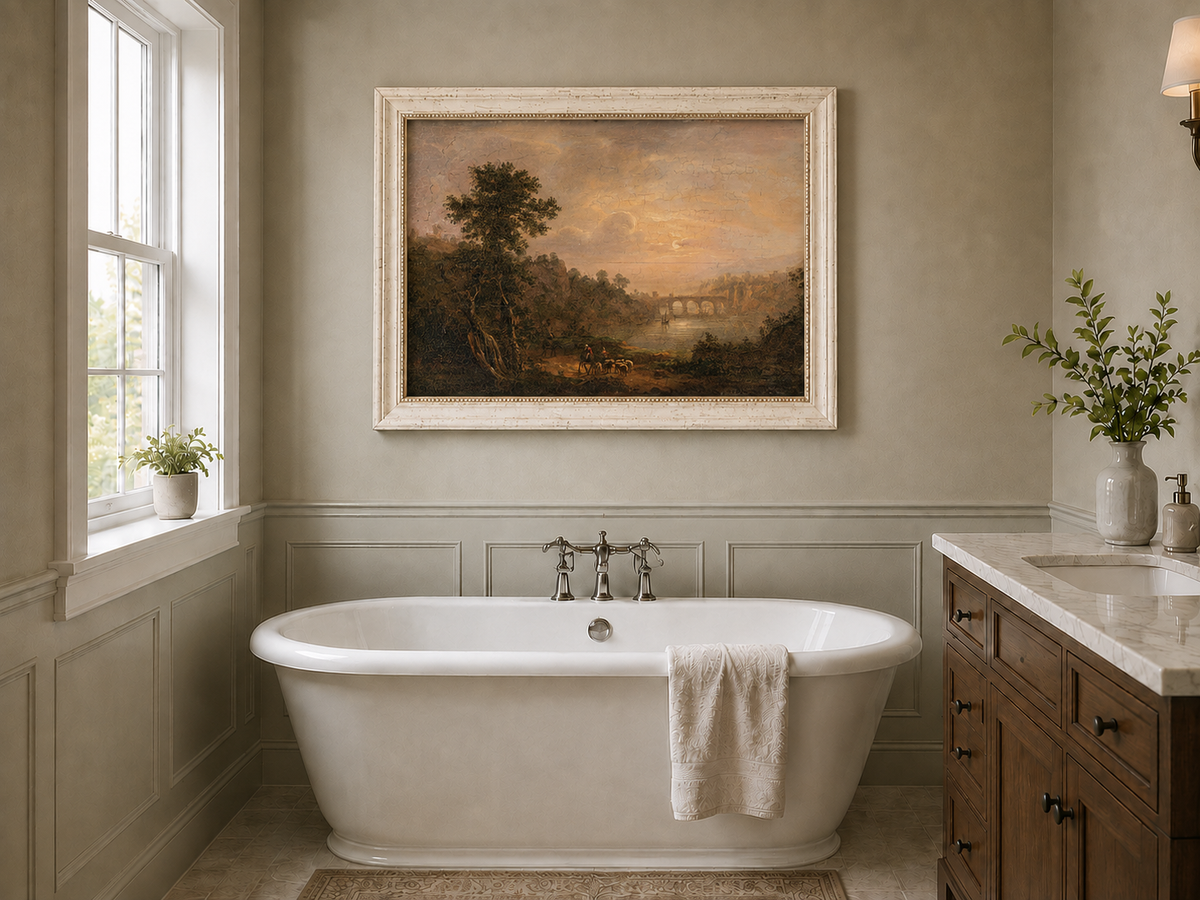 Landscape Oil Painting - Sunset River Bridge and Shepherds