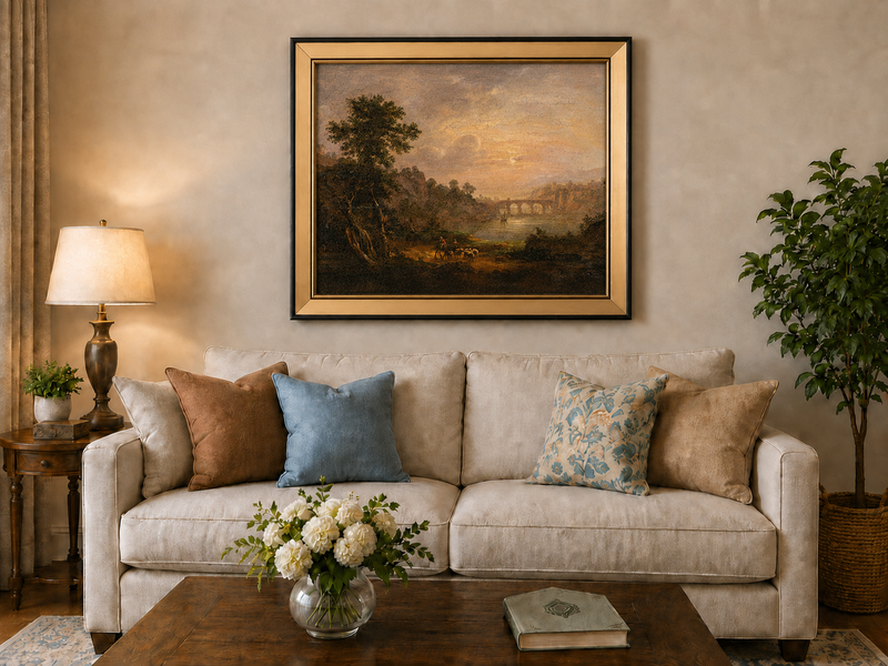 Landscape Oil Painting - Sunset River Bridge and Shepherds