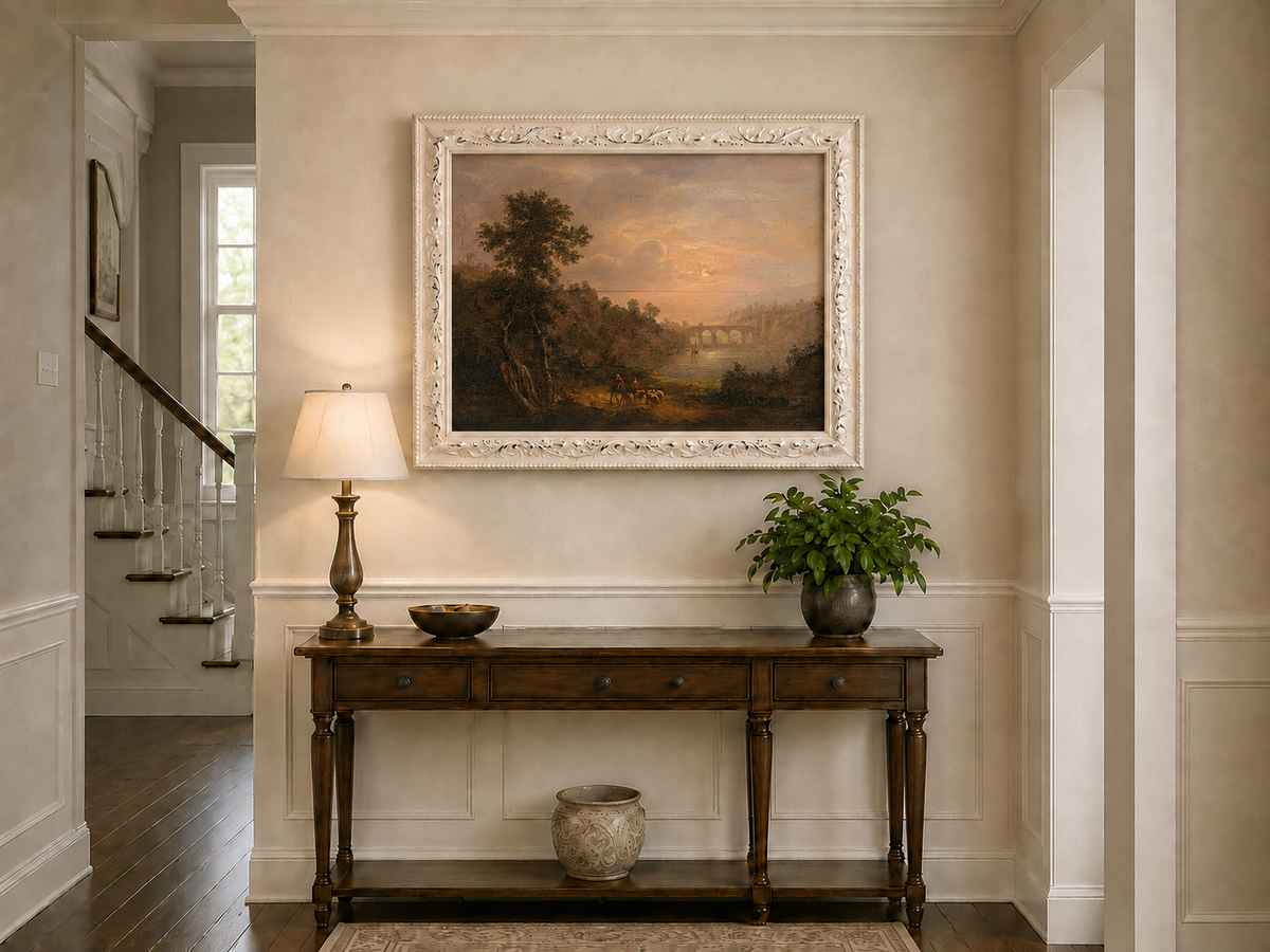 Landscape Oil Painting - Sunset River Bridge and Shepherds