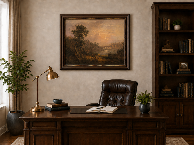 Landscape Oil Painting - Sunset River Bridge and Shepherds
