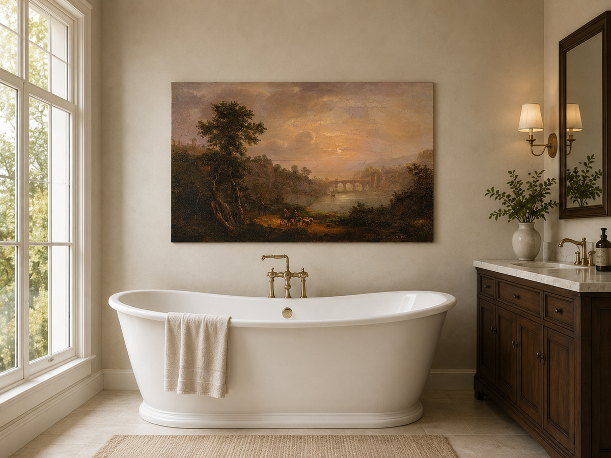 Landscape Oil Painting - Sunset River Bridge and Shepherds
