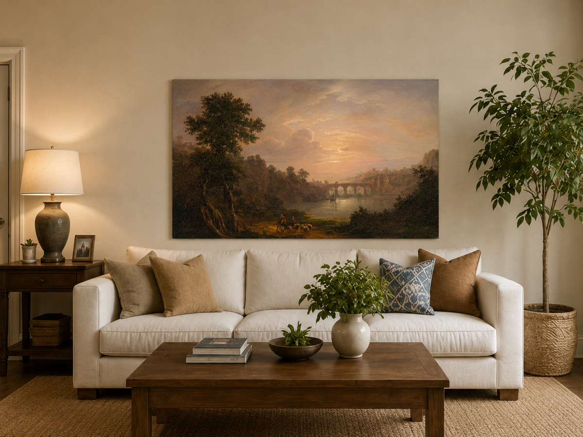 Landscape Oil Painting - Sunset River Bridge and Shepherds