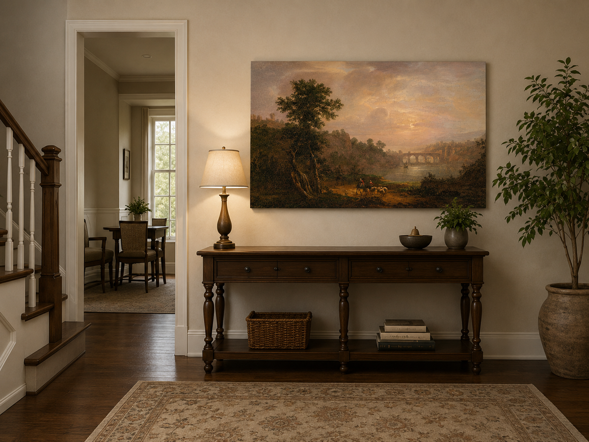 Landscape Oil Painting - Sunset River Bridge and Shepherds