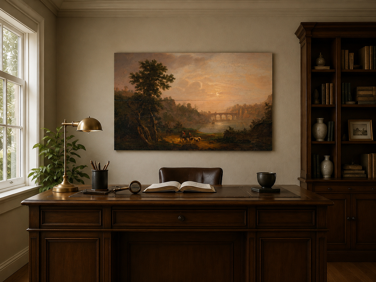 Landscape Oil Painting - Sunset River Bridge and Shepherds