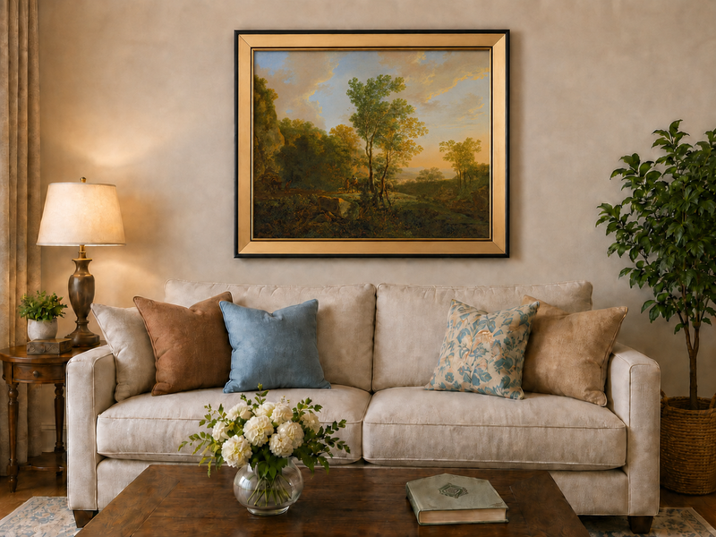 Landscape Oil Painting - Sunset Woodland Valley with Figures