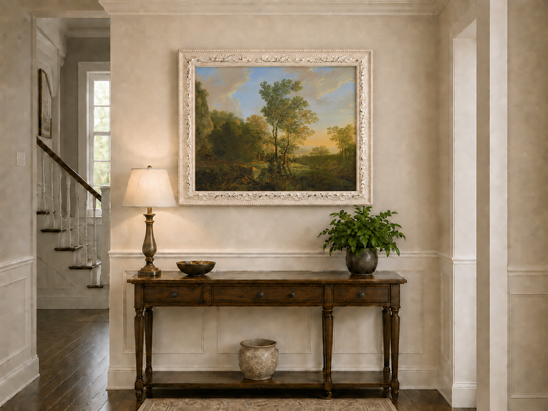 Landscape Oil Painting - Sunset Woodland Valley with Figures