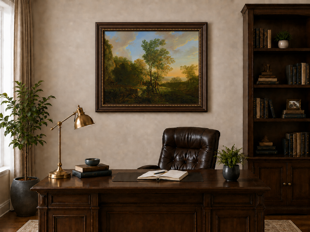 Landscape Oil Painting - Sunset Woodland Valley with Figures