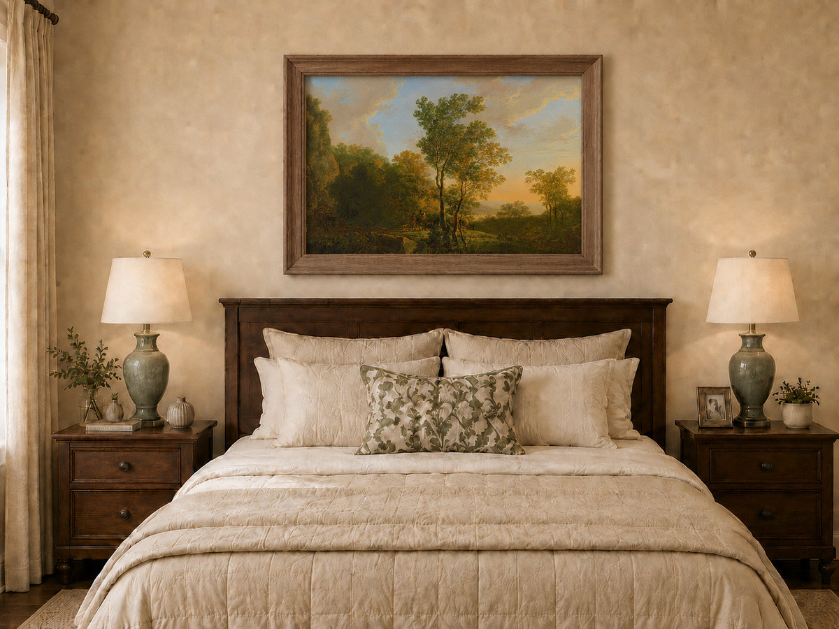 Landscape Oil Painting - Sunset Woodland Valley with Figures
