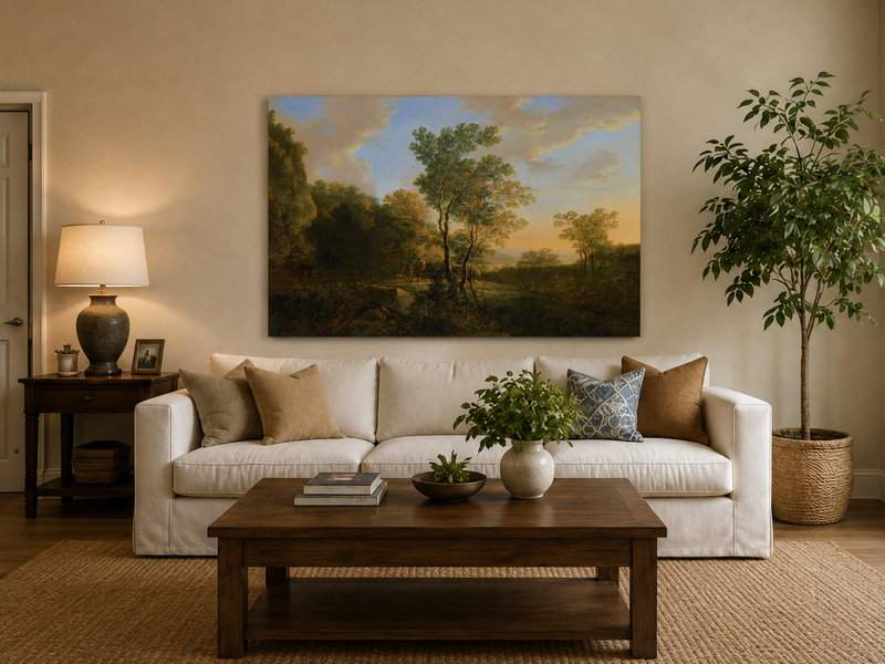 Landscape Oil Painting - Sunset Woodland Valley with Figures