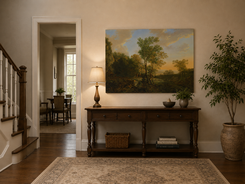 Landscape Oil Painting - Sunset Woodland Valley with Figures