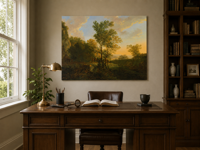 Landscape Oil Painting - Sunset Woodland Valley with Figures