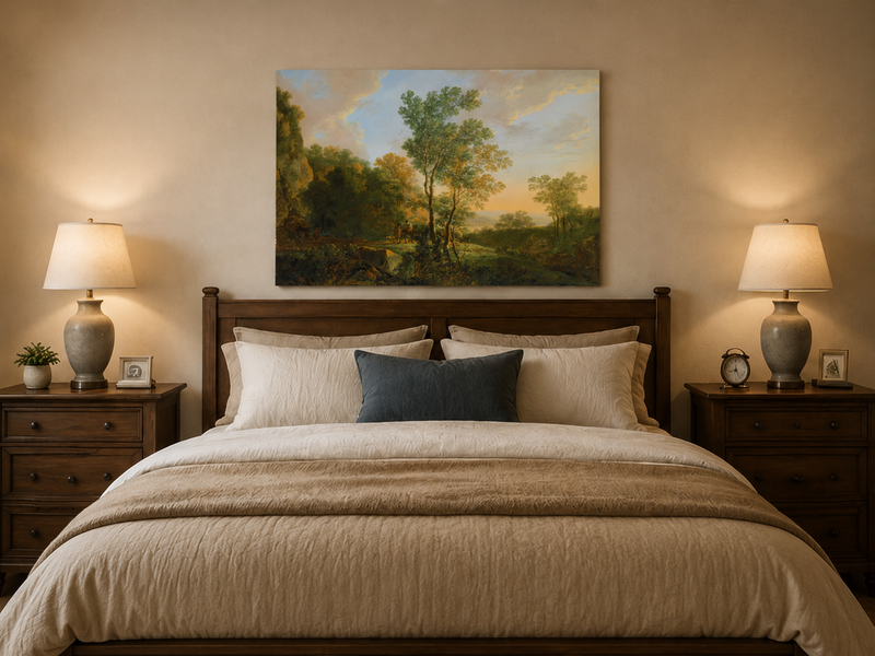 Landscape Oil Painting - Sunset Woodland Valley with Figures