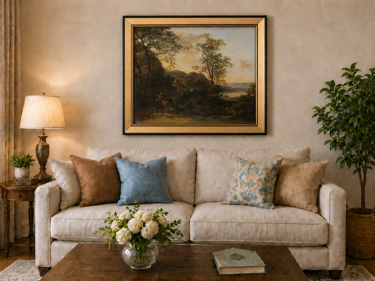 Landscape Oil Painting - Sunset River Path with Travelers