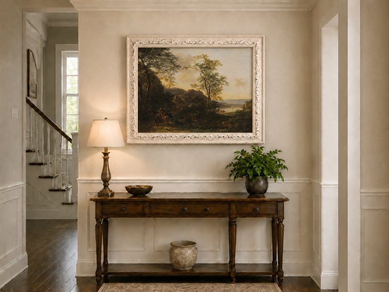 Landscape Oil Painting - Sunset River Path with Travelers