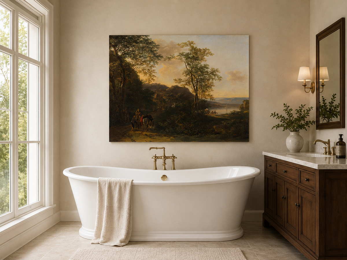 Landscape Oil Painting - Sunset River Path with Travelers