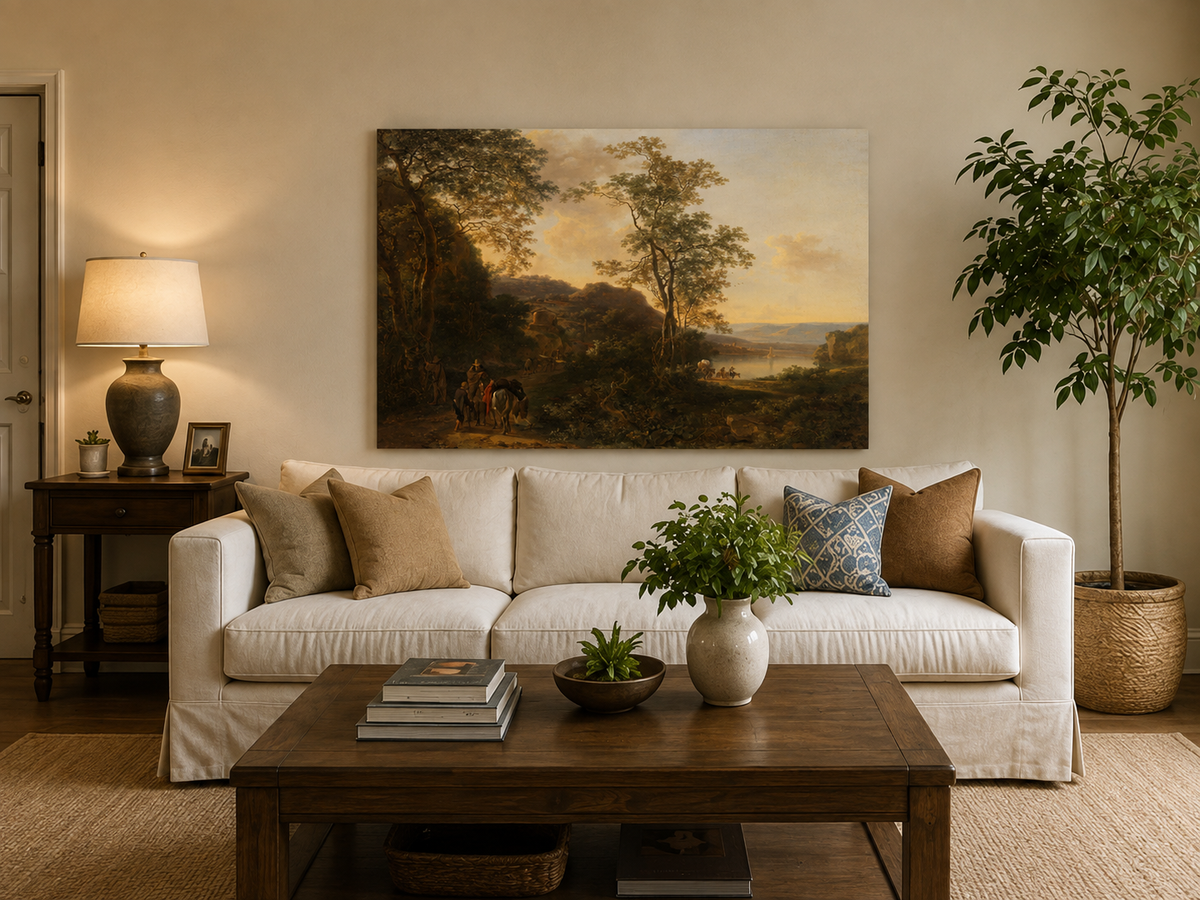 Landscape Oil Painting - Sunset River Path with Travelers