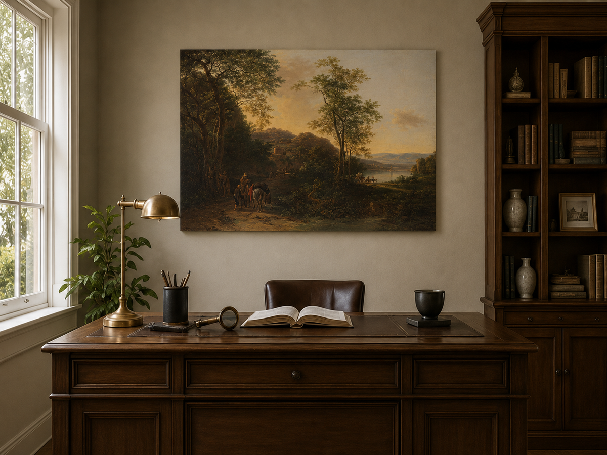 Landscape Oil Painting - Sunset River Path with Travelers