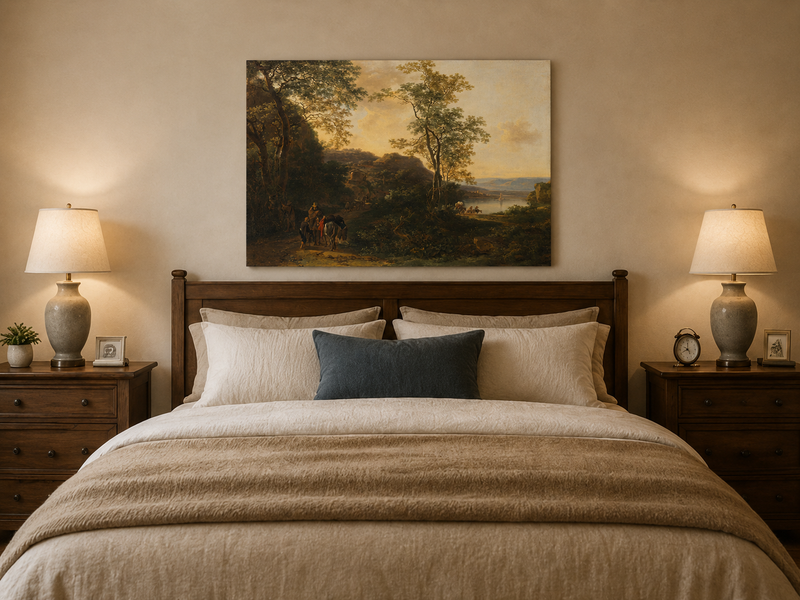 Landscape Oil Painting - Sunset River Path with Travelers