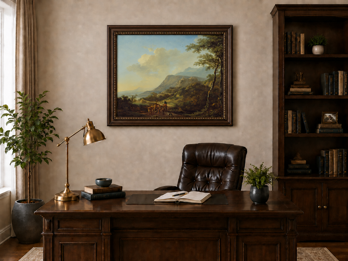 Landscape Oil Painting - Mountain Pass with Travelers and Ruins