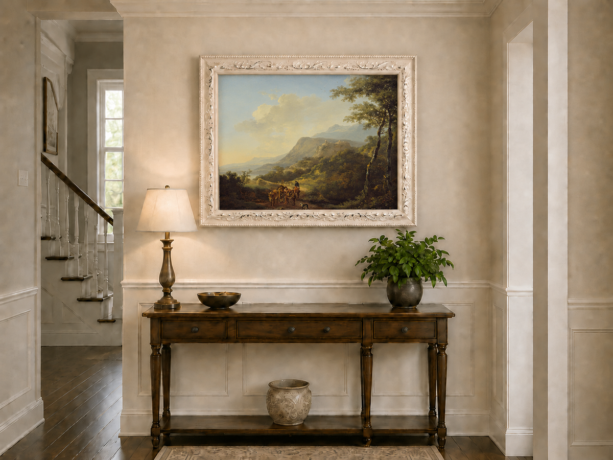 Landscape Oil Painting - Mountain Pass with Travelers and Ruins