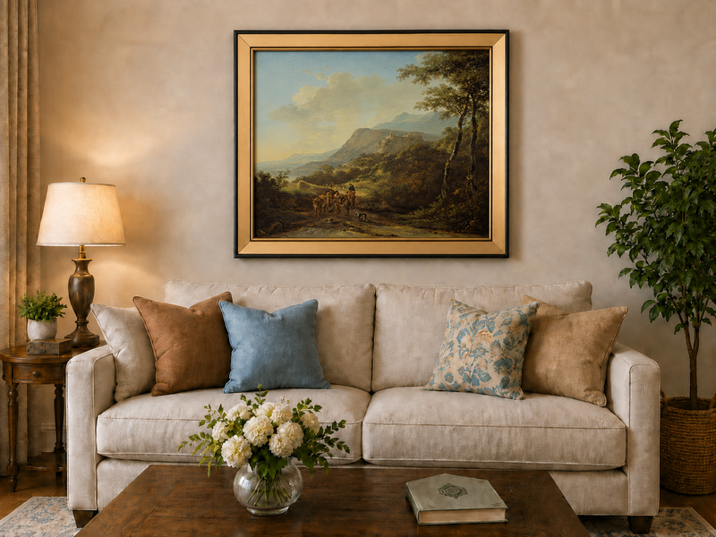 Landscape Oil Painting - Mountain Pass with Travelers and Ruins