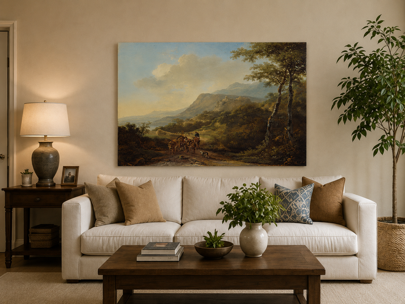 Landscape Oil Painting - Mountain Pass with Travelers and Ruins