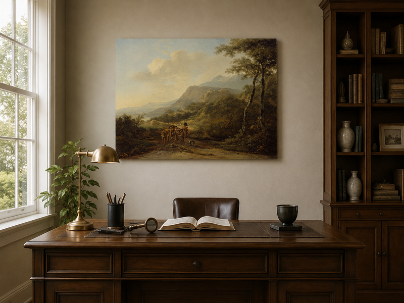 Landscape Oil Painting - Mountain Pass with Travelers and Ruins