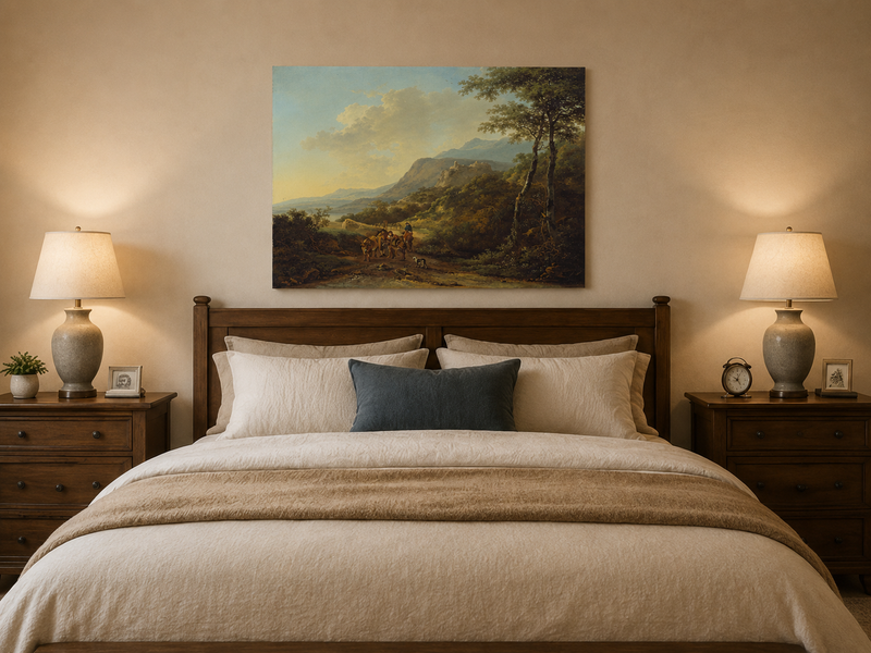 Landscape Oil Painting - Mountain Pass with Travelers and Ruins