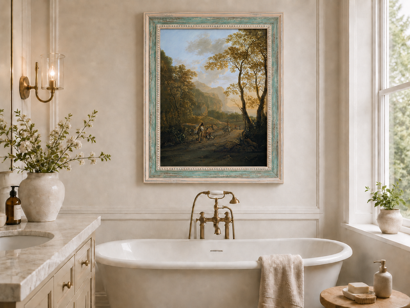 Peinture à l'huile de paysage - Rivière printanière avec pêcheur et arbres