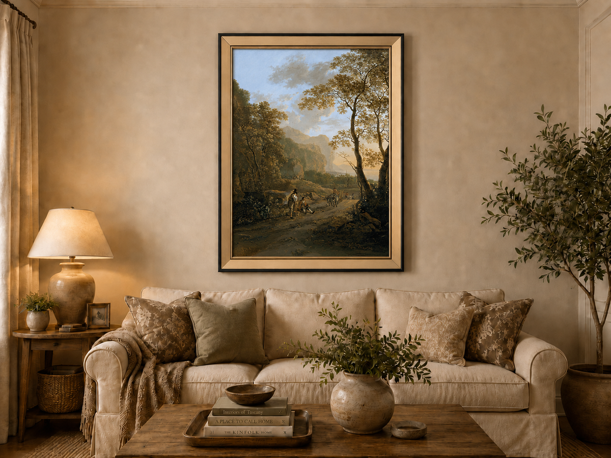 Peinture à l'huile de paysage - Rivière printanière avec pêcheur et arbres
