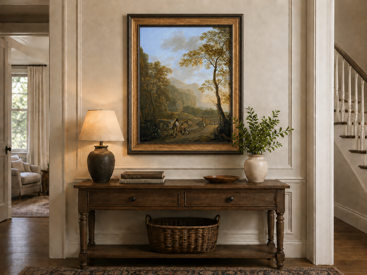 Peinture à l'huile de paysage - Rivière printanière avec pêcheur et arbres