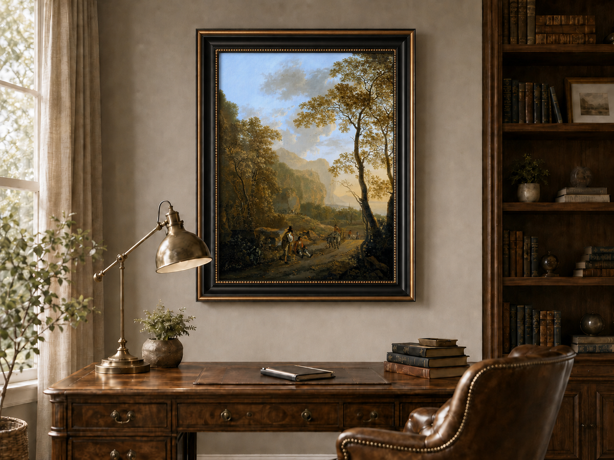 Peinture à l'huile de paysage - Rivière printanière avec pêcheur et arbres