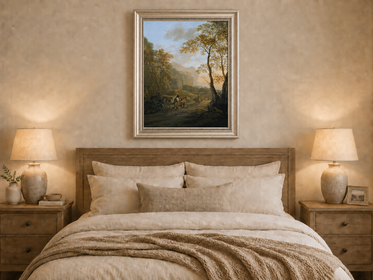 Peinture à l'huile de paysage - Rivière printanière avec pêcheur et arbres