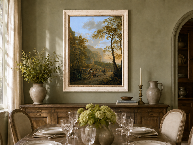 Peinture à l'huile de paysage - Rivière printanière avec pêcheur et arbres