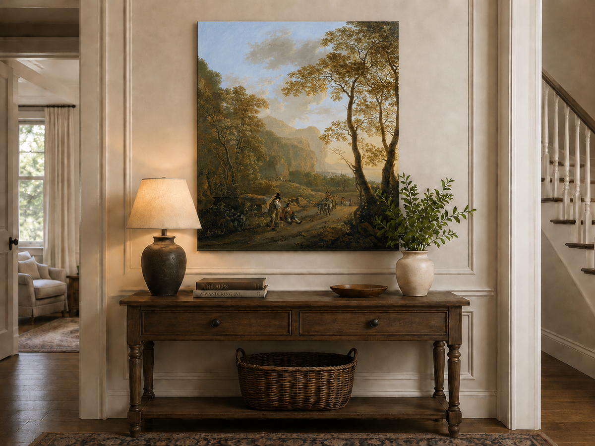 Peinture à l'huile de paysage - Rivière printanière avec pêcheur et arbres