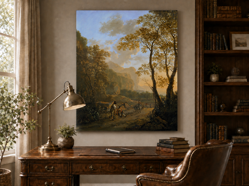 Peinture à l'huile de paysage - Rivière printanière avec pêcheur et arbres