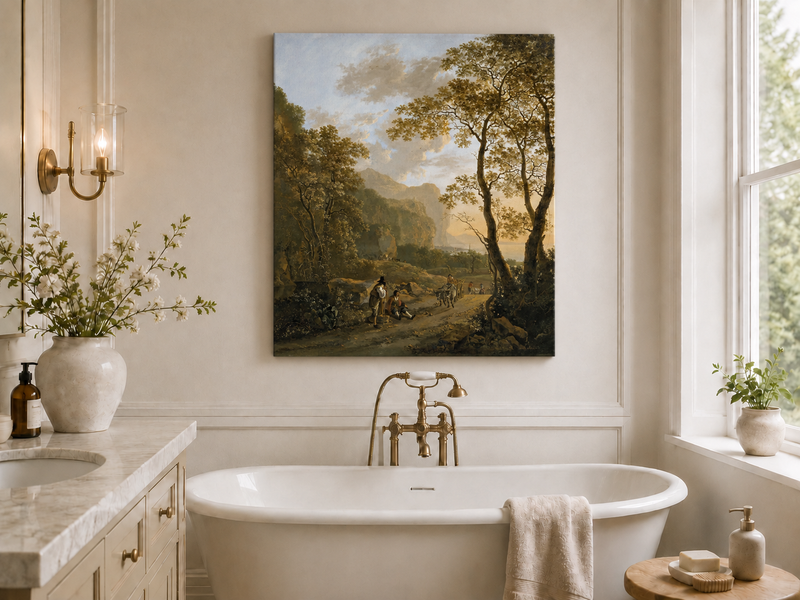 Peinture à l'huile de paysage - Rivière printanière avec pêcheur et arbres