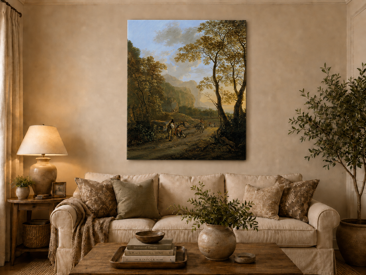 Peinture à l'huile de paysage - Rivière printanière avec pêcheur et arbres