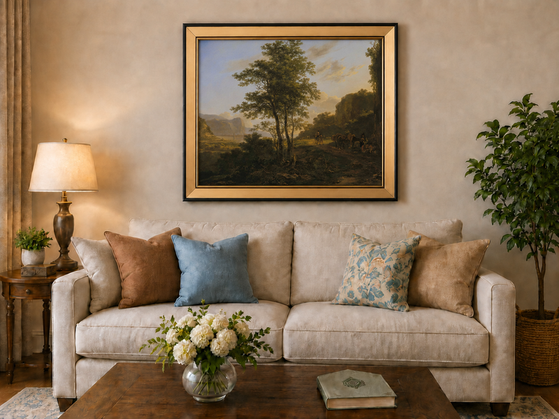 Landscape Oil Painting - Mountain Path with Travelers at Dusk