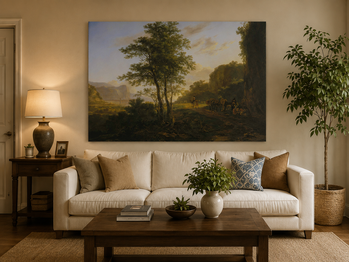 Landscape Oil Painting - Mountain Path with Travelers at Dusk