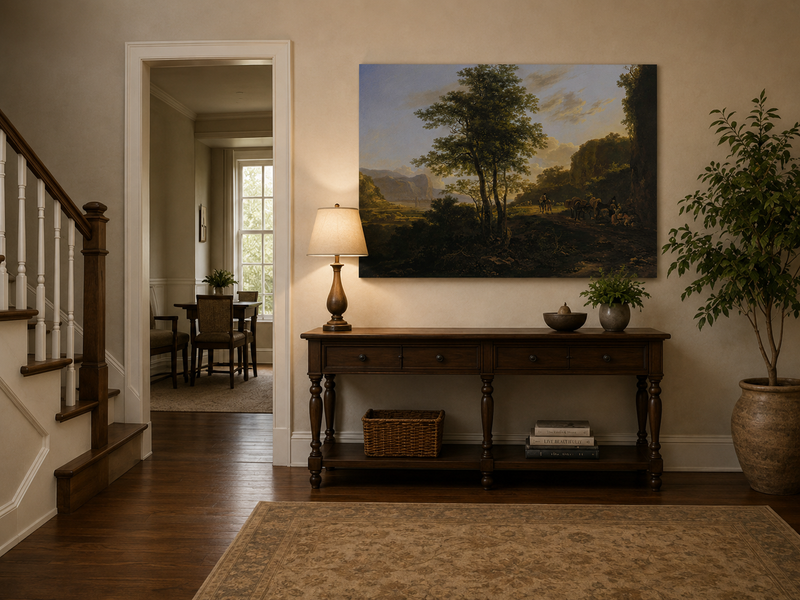Landscape Oil Painting - Mountain Path with Travelers at Dusk
