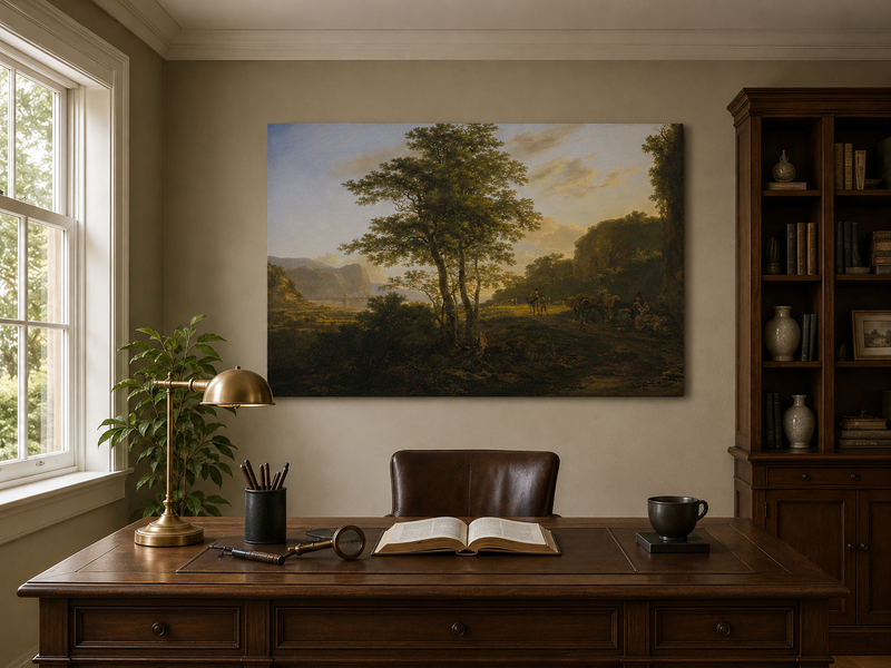 Landscape Oil Painting - Mountain Path with Travelers at Dusk