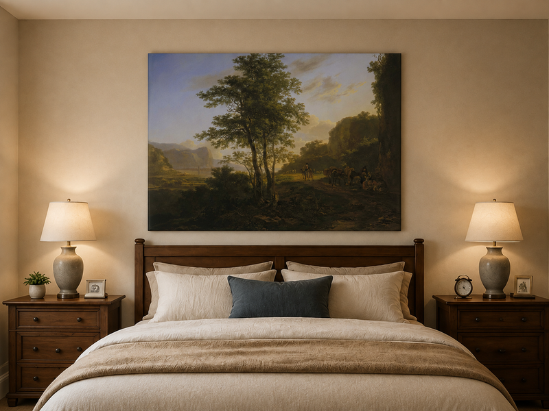 Landscape Oil Painting - Mountain Path with Travelers at Dusk