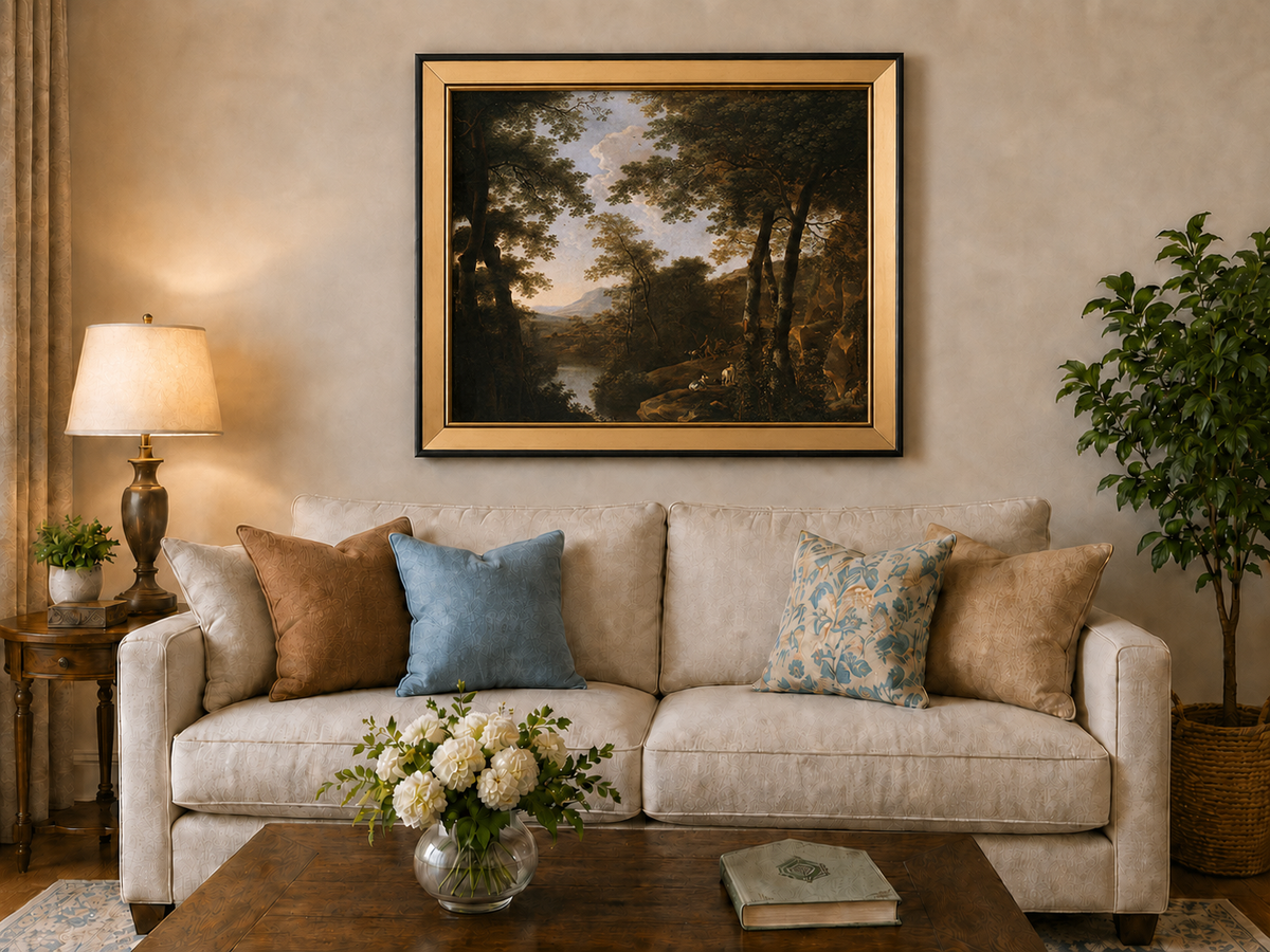 Landscape Oil Painting - Forest River Landscape with Dogs