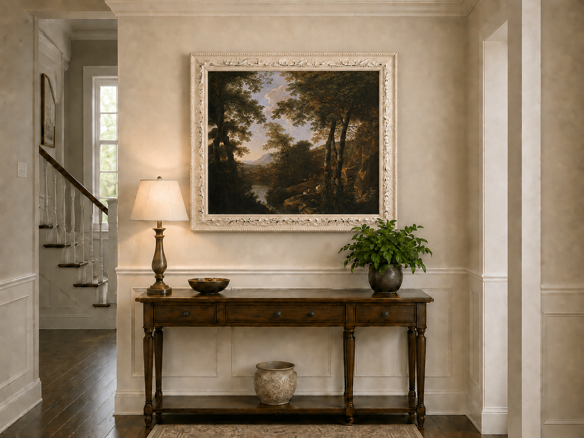 Landscape Oil Painting - Forest River Landscape with Dogs