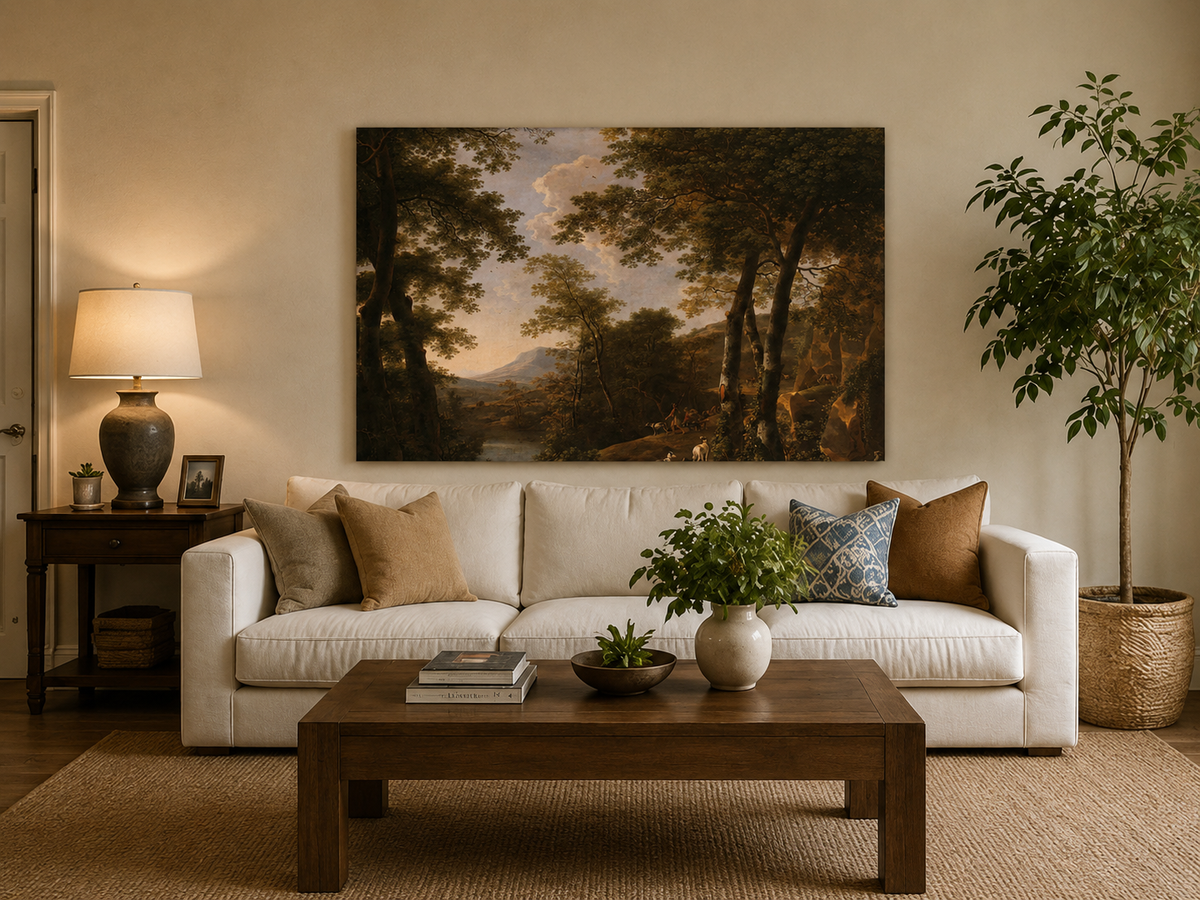 Landscape Oil Painting - Forest River Landscape with Dogs