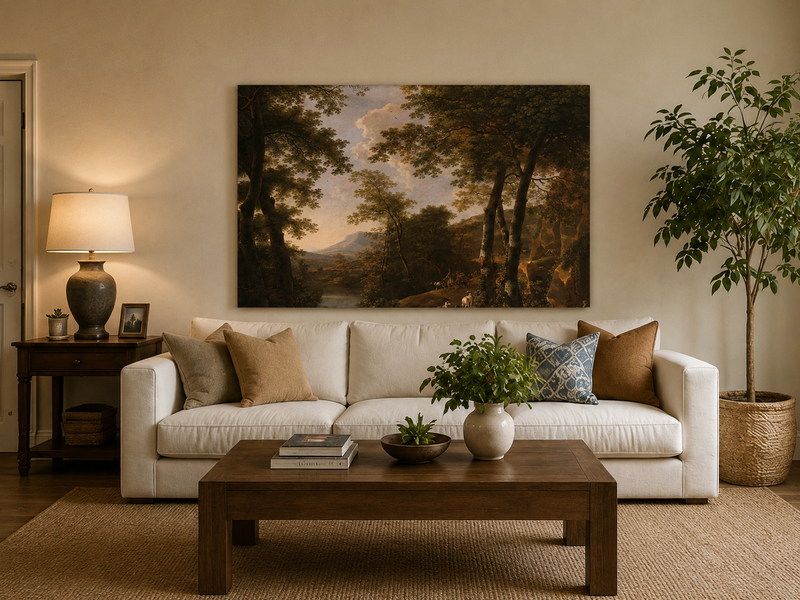 Landscape Oil Painting - Forest River Landscape with Dogs
