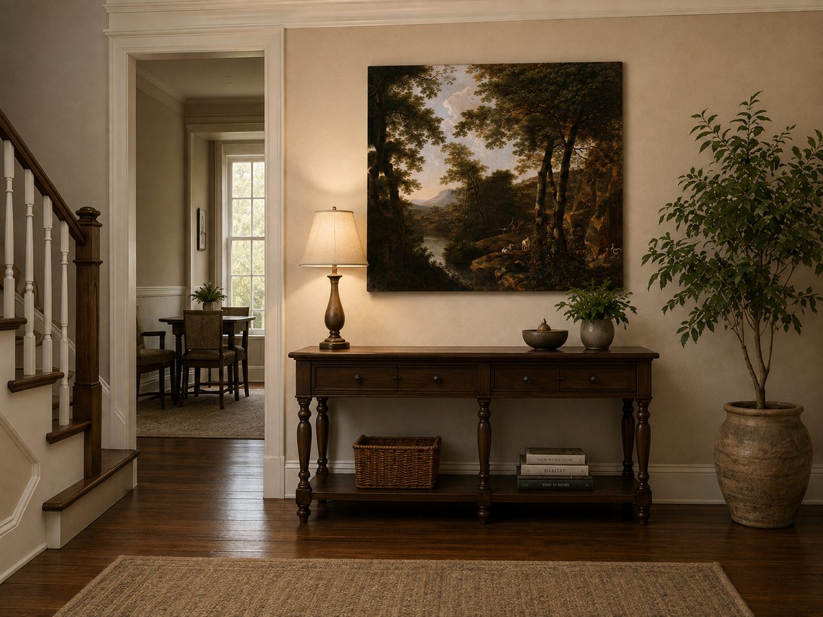 Landscape Oil Painting - Forest River Landscape with Dogs