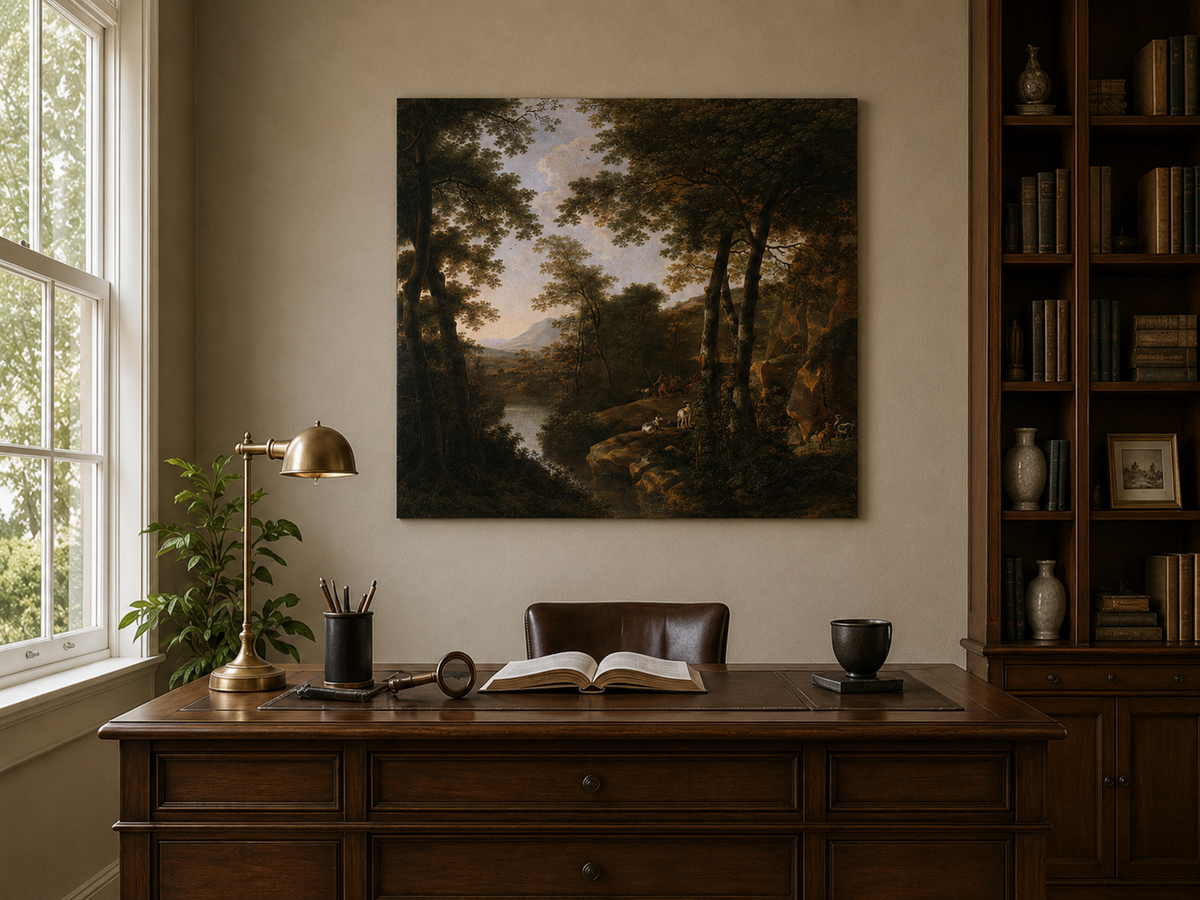 Landscape Oil Painting - Forest River Landscape with Dogs