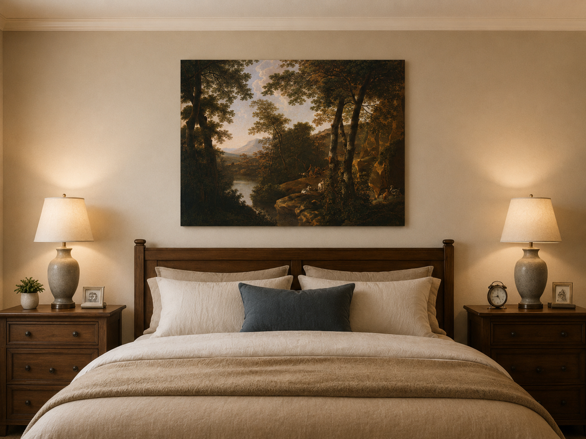 Landscape Oil Painting - Forest River Landscape with Dogs